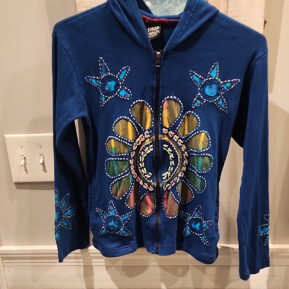 EUC Shop Therapy Blue Hoodie with Star and Flower Embrodered Design Sz S/M